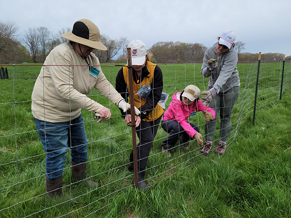 4/29/2023 Four female People Making a Difference (PMD) volunteers stretch and attach wire fencing to a line of upright posts that they had pounded into the meadow
