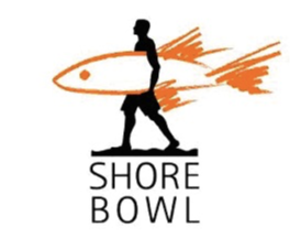 Logo of Shore Bowl, a line drawing of a surfer carrying a surf board that has orange fins that make it look like a fish